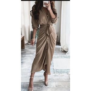 Mable Taupe Silky Button Up Front Tie Midi Dress Roll Up Sleeve EUC Sz M